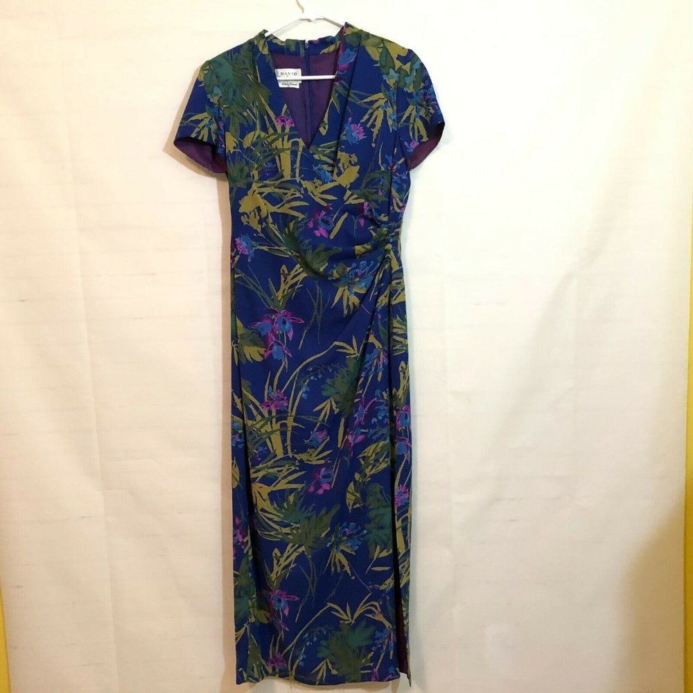 Vintage Floral Faux Wrap Dress S/M Buttons Short Sleeve Blue Zip David Warren